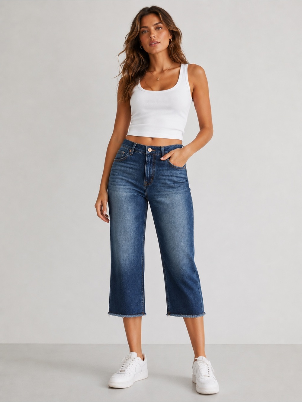1822 Denim Wide Leg Crop Jeans in Medium Blue Wash